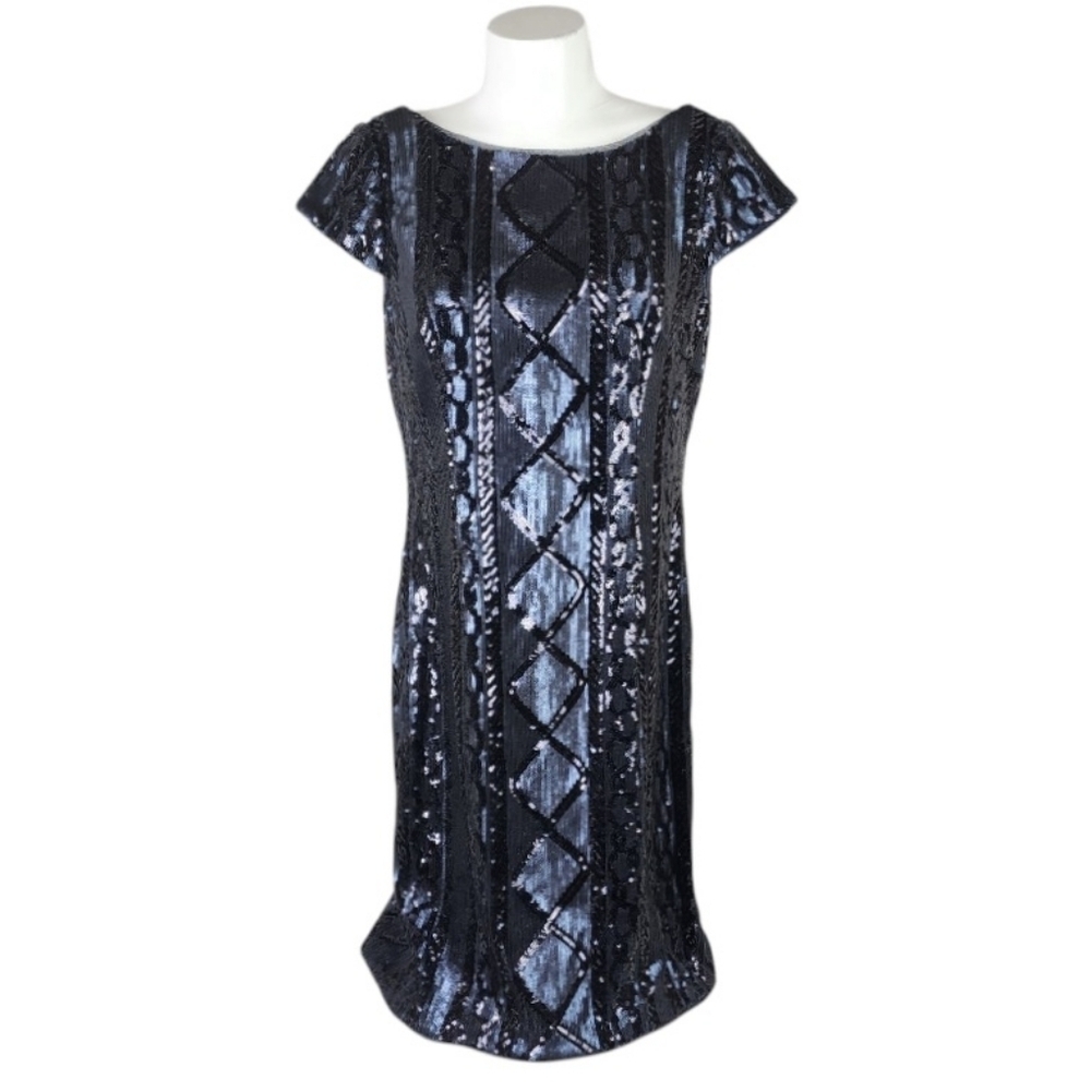Adrianna Papell Sequin Cap Sleeve Sheath Dress Navy Size 10 Evening Sparkle